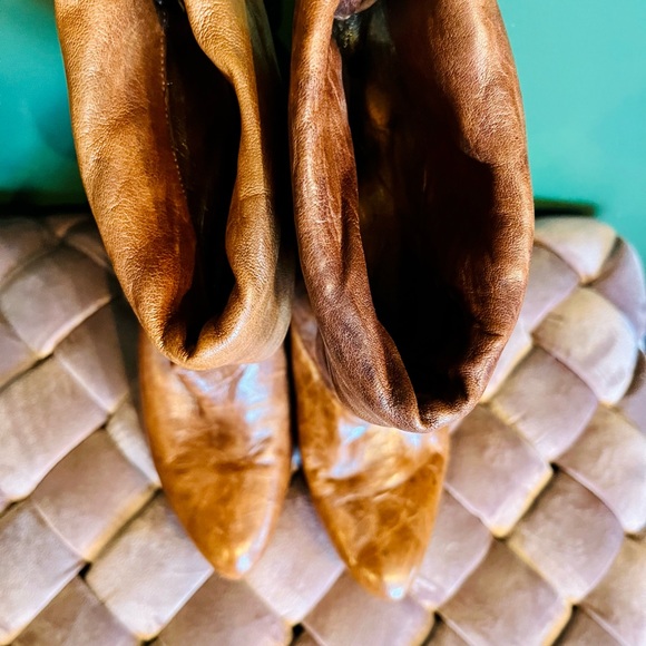 Vintage Cognac Italian Leather Slouchy Booties with Wood Stacked Heel - Picture 6 of 7